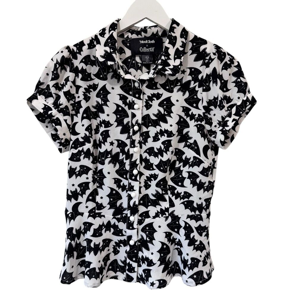 Collectif x ModCloth Bats Print Button Blouse Peplum Black White Retro XS/US 4